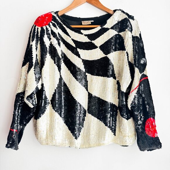 Vintage Siruti Geometric Print black White Orange Sequin Harlequin SILK Top L - Picture 3 of 11